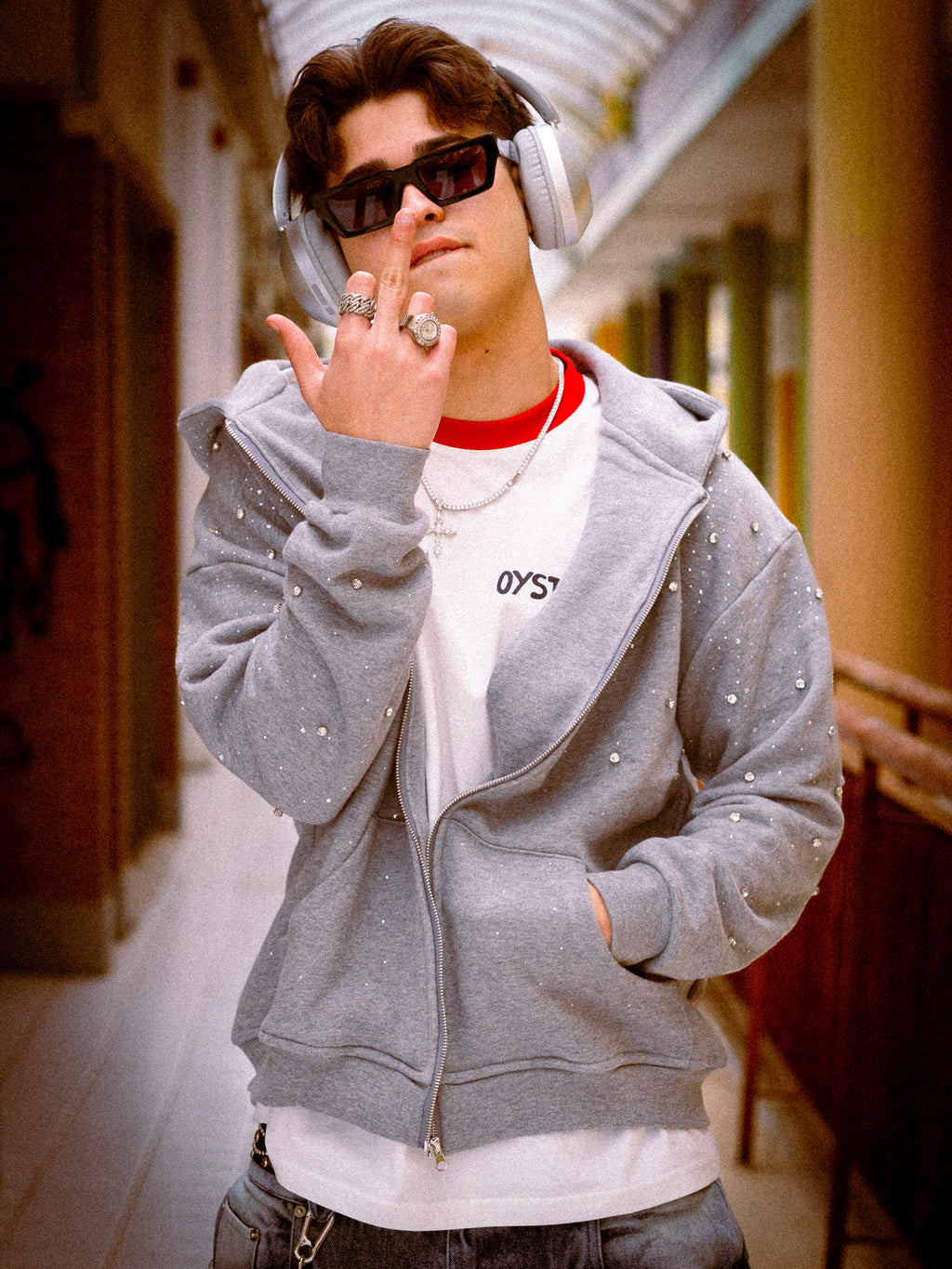 Diamond Hoodie Zip Grey